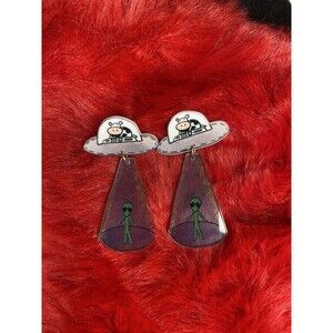 Quirky UFO Alien Abduction Cow Dangle Earrings, Acrylic Flying Saucer Jewelry